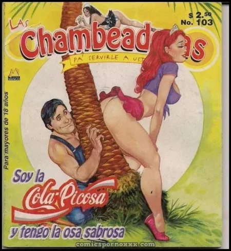 Mujer pelirroja con bikini rosa y tacones mostrando sus nalgas a un hombre junto a una palmera en portada erótica.