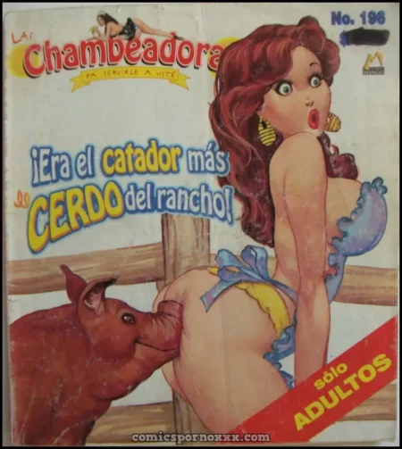 Cerdo lamiendo el trasero desnudo de una mujer pelirroja con lencería azul en la portada de Las Chambeadoras 196.