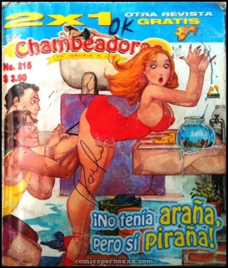 Mujer pelirroja en traje de baño rojo siendo tocada y manoseada en el trasero por dos hombres en portada de revista erótica.