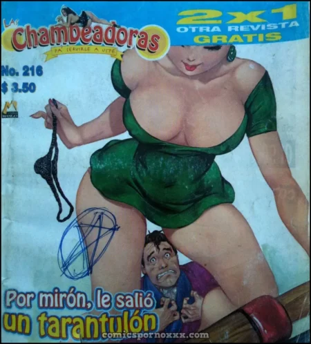 Mujer de pechos grandes en vestido verde corto sosteniendo una tanga mientras un hombre la mira desde abajo.