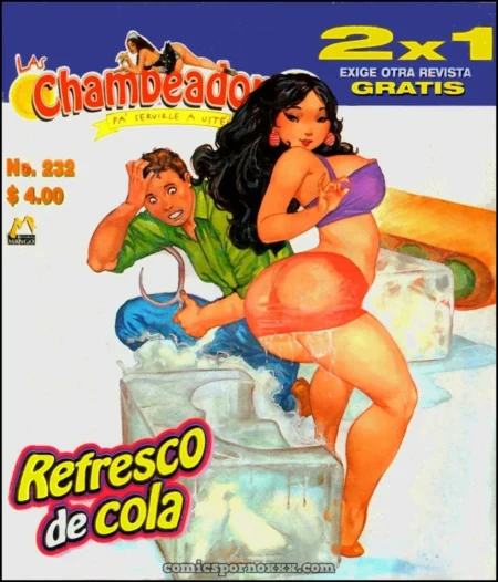 Mujer con bikini púrpura y bragas transparentes que dejan ver sus nalgas frente a un hombre en portada de cómic erótico.
