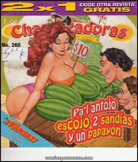Mujer pelirroja con pechos grandes y bralette naranja posando desnuda sobre sandías mientras dos hombres la desean.