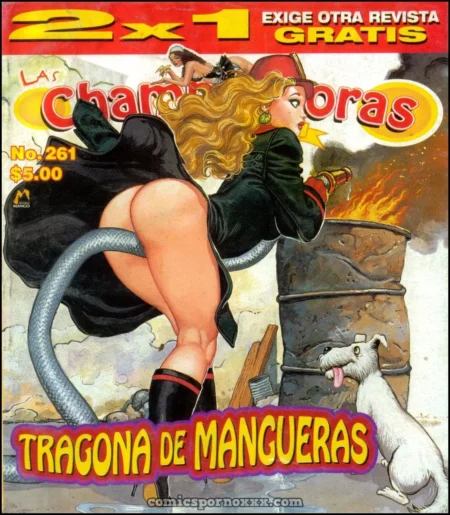 Mujer rubia con falda levantada y el culo al aire mientras una manguera se introduce en su ano.