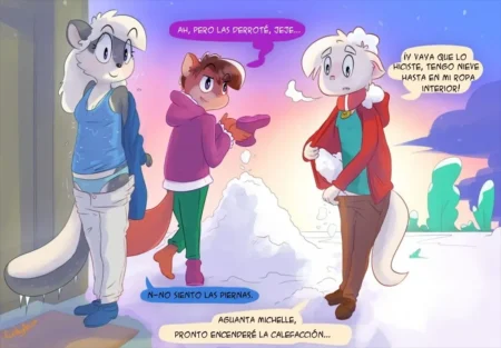 Tres animales antropomórficos en la nieve donde uno tiene la ropa interior llena de nieve y no siente las piernas.