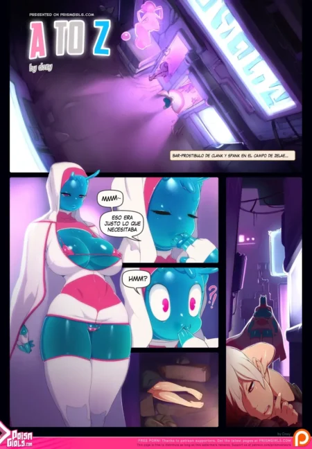 Mujer alienígena azul de pechos grandes y caderas anchas con traje erótico rosa en un burdel futurista de A To Z.