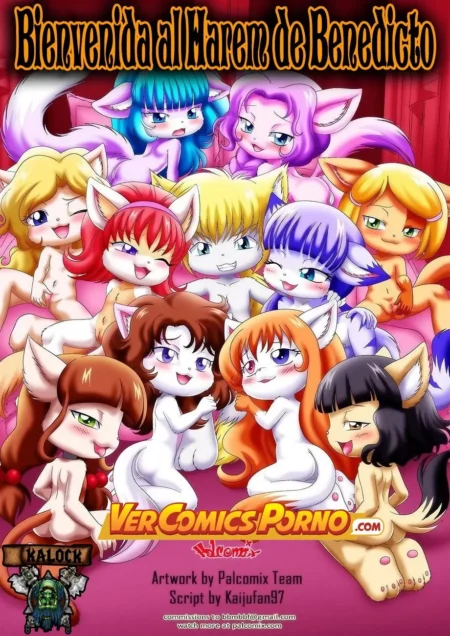 Grupo de chicas gato anime desnudas y eróticas posando juntas en el harem de Benedicto.