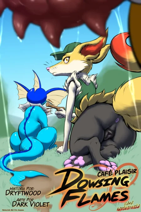 Zoroark hembra en cuclillas mostrando su ano y vulva mientras un Mudkip la observa desde atrás en el campo.