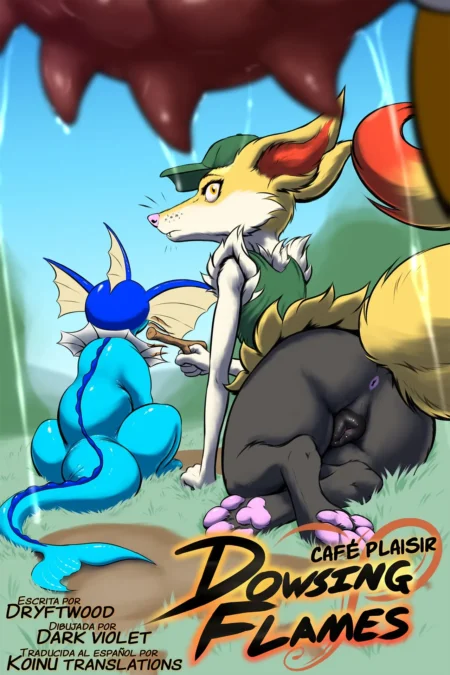 Zoroark antropomórfica en posición de cuatro mostrando su ano y vulva mientras un Mudkip la observa desde atrás.