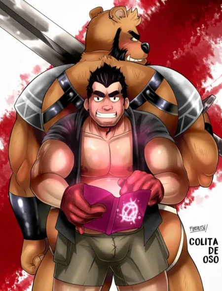 Hombre musculoso con camisa abierta y shorts frente a un oso antropomórfico musculoso con arnés y espada.