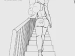 Mujer con cabello esponjoso subiendo escaleras vista desde atrás resaltando sus glúteos grandes y marcados.