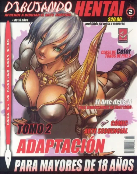 Mujer anime con armadura erótica, pechos grandes expuestos y mirada sensual en portada de Dibujando Hentai Vol. 2.
