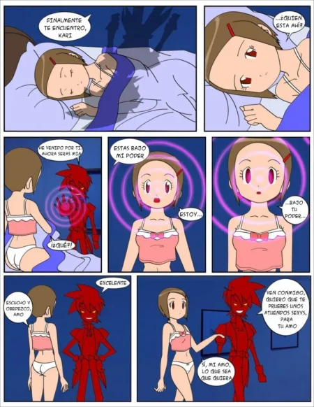 Mujer hipnotizada en lencería rosa y blanca obedeciendo sexualmente a un demonio rojo de Digiharem.
