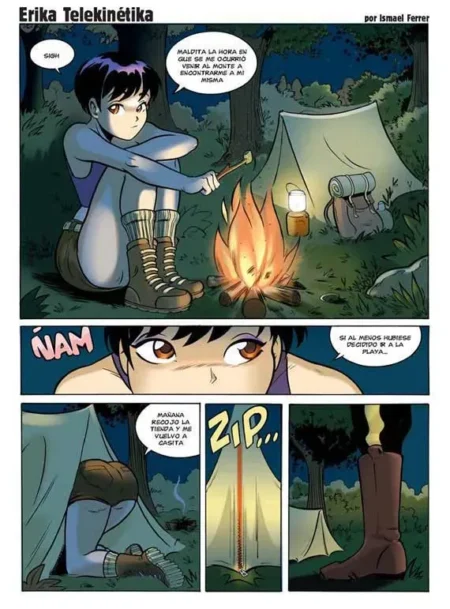 Erika Telekinetika acampando en el bosque con una tienda de campaña y fogata.
