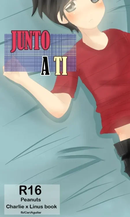 Joven de camiseta roja acostado en una cama azul en escena erótica de Charlie x Linus.
