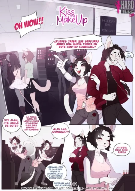 Dos chicas gato antropomórficas con ropa ajustada conversando en una tienda de maquillaje.