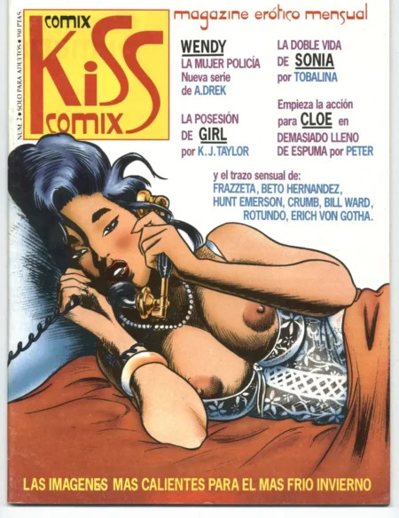 Mujer con pechos grandes y pezones expuestos acostada en la cama hablando por teléfono en la portada de Kiss Comix.