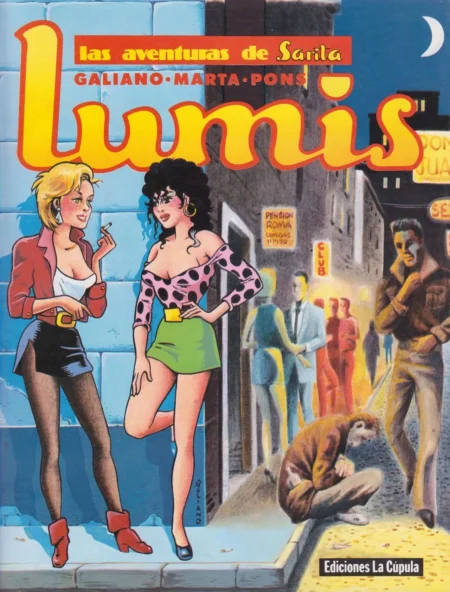 Dos mujeres sensuales con escotes pronunciados y minifaldas posan en una calle nocturna junto a hombres.