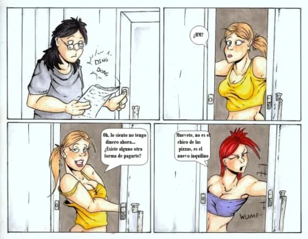 Cómic erótico de mujeres donde una rubia en top amarillo y una pelirroja con escote muestran sus pechos en la puerta.