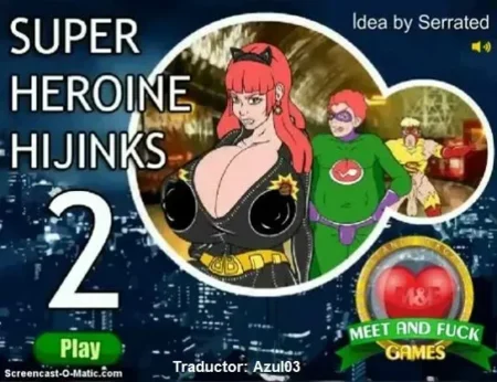 Superheroína de pechos gigantes y escote profundo junto a superhéroes en Super Heroine Hijinks 2.