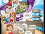 Jane Jetson con vestido rojo ajustado y escote pronunciado junto a George y Elroy en su coche volador futurista.