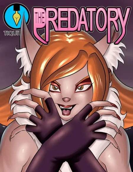 Mujer lobo pelirroja con orejas blancas y guantes negros sonriendo con colmillos en primer plano para The Predatory.