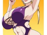 Tsunade con bikini morado ajustado que resalta sus pechos gigantes y caderas anchas sobre fondo amarillo.