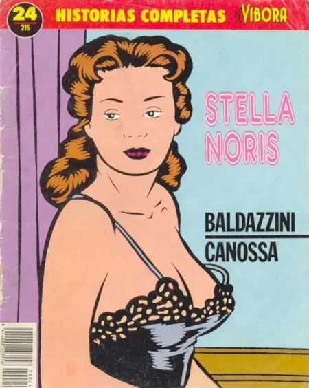 Stella Noris posa con un corsé negro ajustado que realza sus pechos grandes y provoca un escote profundo y sexual.