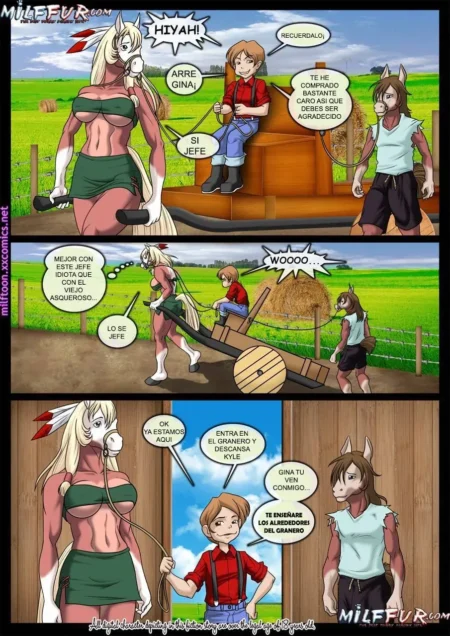 Cómic de anthro caballos antropomórficos con pechos grandes y falda corta trabajando en el campo con un hombre.