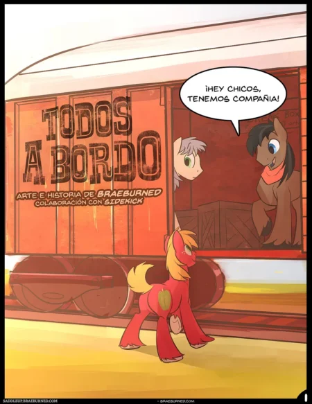 Pony roja mirando a dos ponies dentro de un vagón de tren rojo que dice Todos a Bordo.