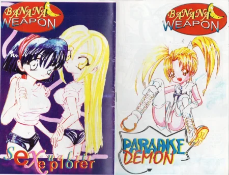 Dos chicas anime con pechos grandes y bragas diminutas posando eróticamente en el arte de Banana Weapon 2.