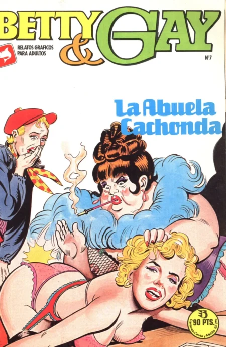 Mujer rubia en lencería rosa siendo sometida por mujer mayor con boina y cigarrillo en portada de Betty & Gay 7.