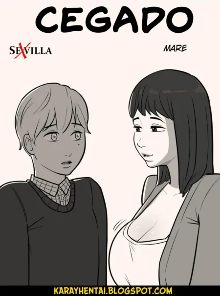 Mujer de cabello negro y escote pronunciado frente a un hombre rubio en el manga Cegado.