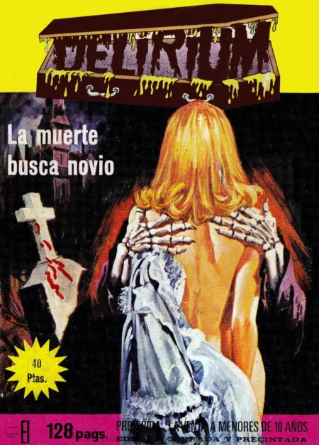 Mujer rubia desnuda de espaldas abrazada por el esqueleto de la muerte en un cementerio.