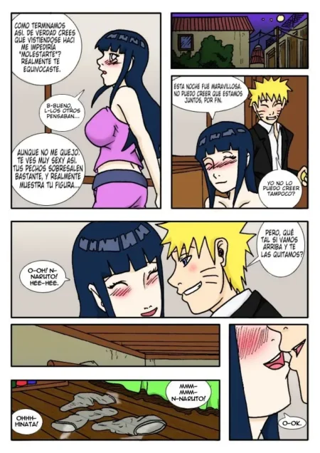 Cómic erótico de Naruto y Hinata besándose y quitándose la ropa íntima gris en el suelo de una habitación.