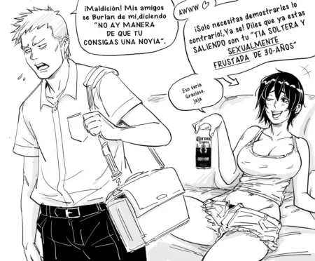 Tía soltera ebria en ropa interior sugiere sexo a su sobrino mientras sostiene una lata de cerveza.