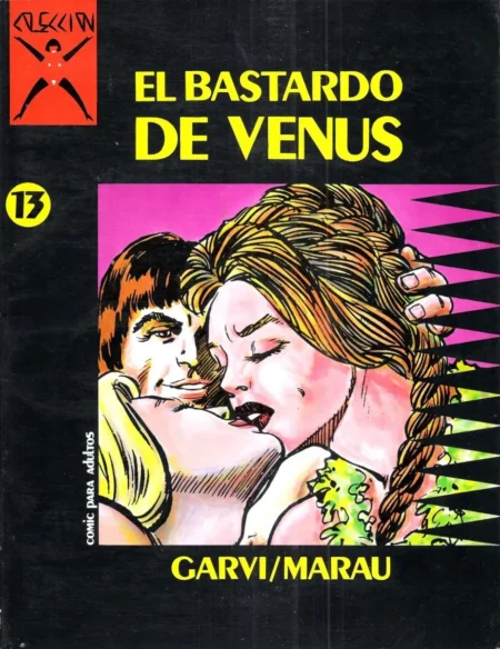 Hombre y mujer en un beso apasionado con deseo sexual en la portada del cómic erótico El Bastardo de Venus.