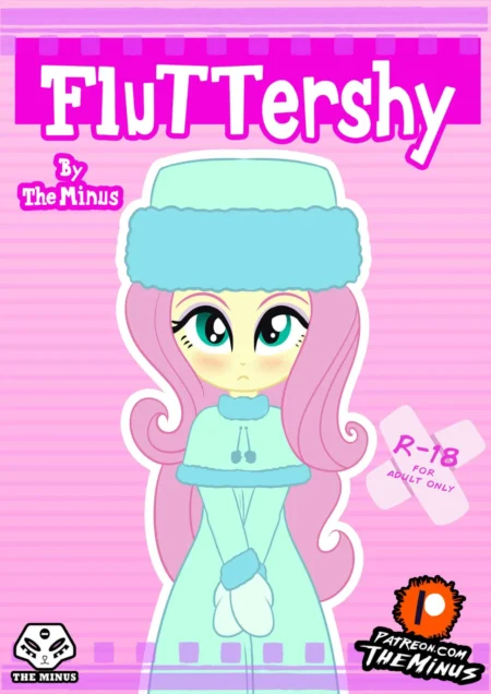 Fluttershy con vestido y gorro azul celeste sobre fondo rosa con sello R-18 para adultos.