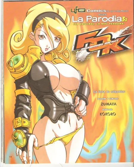 Mujer rubia con pechos gigantes y traje de cuero negro ajustado que deja ver su tanga amarilla y escote profundo.