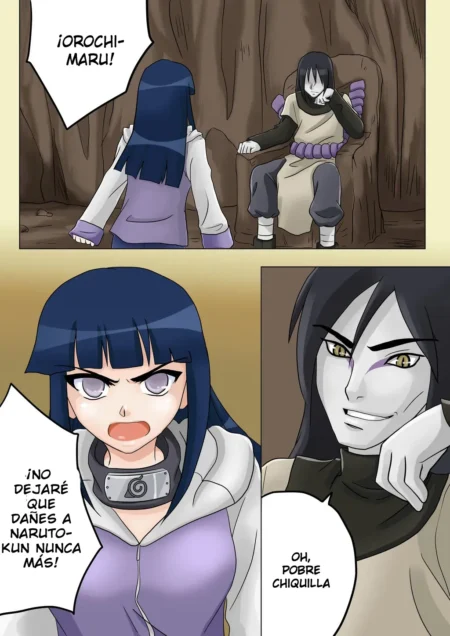 Hinata Hyuga confronta a Orochimaru con un collar de sumisión puesto mientras grita enfurecida en un manga erótico.