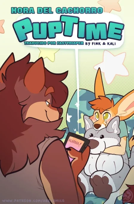 Furry adulto con pañal grueso abrazando a otro cachorro furry mientras sostienen una alarma de Hora del Cachorro.