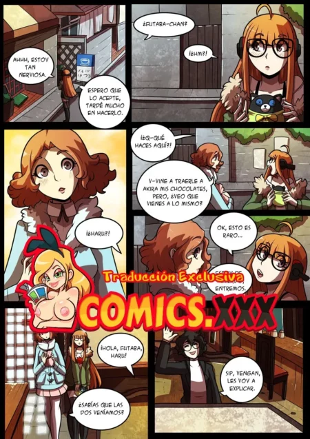 Página de cómic con Joker, Futaba y Haru con los pechos descubiertos en una escena erótica.
