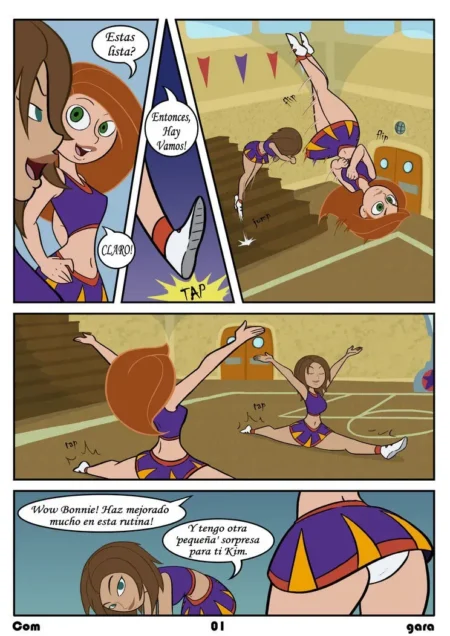 Kim Possible y Bonnie haciendo splits con faldas cortas que revelan sus bragas blancas.