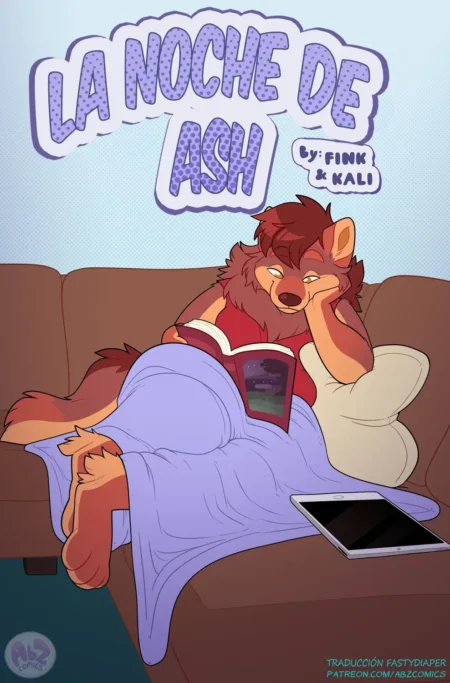 Furry antropomórfico con pañal adulto leyendo un libro mientras descansa en el sofá bajo una manta azul.