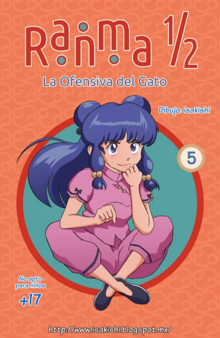 Ranma en cuerpo de mujer con cabello azul y ropa rosa sentada con las piernas cruzadas sobre fondo naranja.