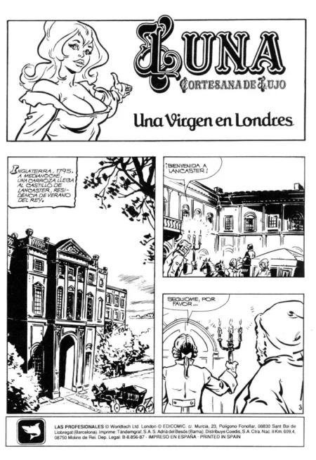 Cómic erótico de Luna Cortesana de Lujo con viñetas de una mujer rubia sensual y escenas en el Londres antiguo.