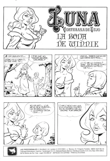 Cómic erótico de Luna Cortesana de Lujo con viñetas de una mujer seductora y un hombre hablando en blanco y negro.