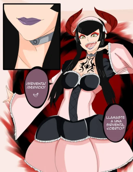 Maid Eliza, demonio con cuernos y uniforme rosa, sonríe excitada con un collar en el cuello lista para el sexo.