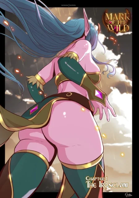 Elfa de piel rosa con cabello azul y ropa ajustada exhibiendo sus glúteos grandes y desnudos en Mark of the Wild.