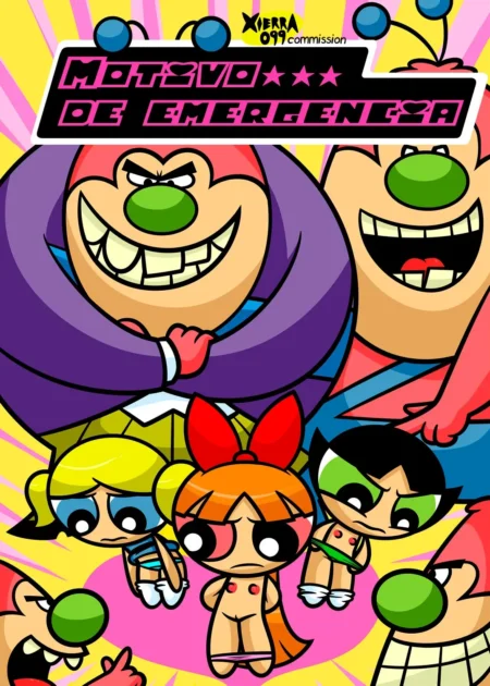 Las Chicas Superpoderosas desnudas con pezones expuestos rodeadas por Mojo Jojo y sus clones.