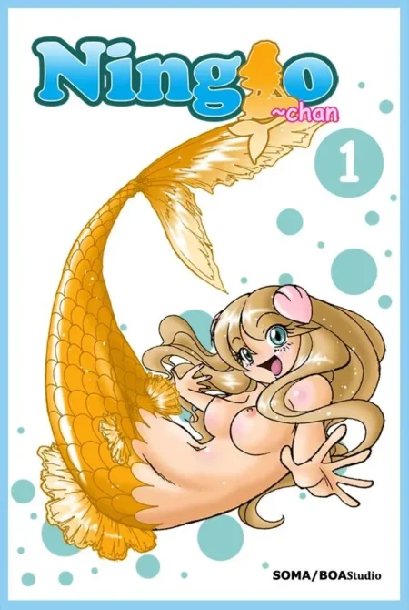 Sirena de pelo rubio con pechos grandes y desnudos y cola dorada en pose provocativa de Ningyo-chan.